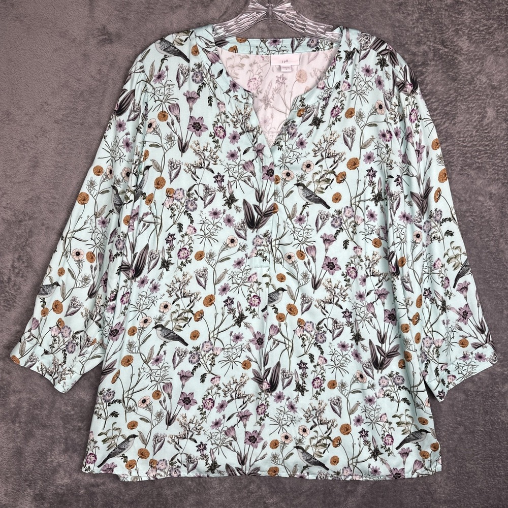 J. Jill Satin Blouse Women's Medium Teal Botanical Birds Floral Boho Popover Top